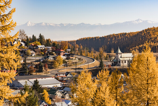 City of Kimberley with Rocky Mountain backdrop in the fall.